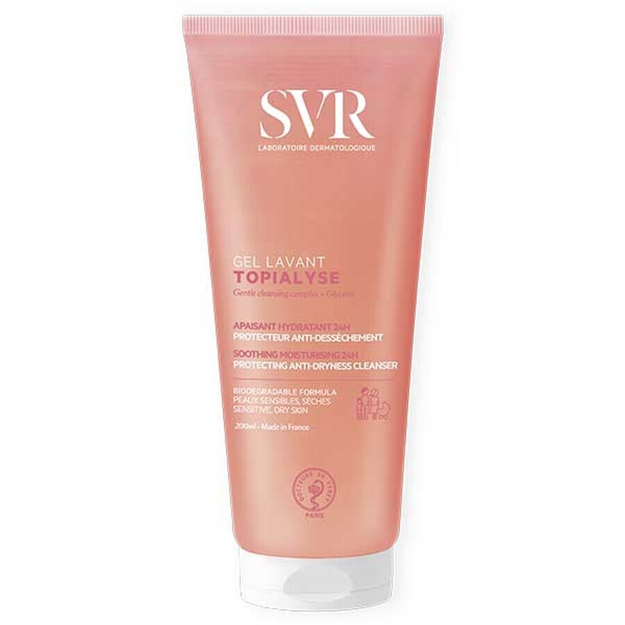 SVR Topialyse Gel Lavant, zachte reinigingsgel voor het hele gezin, gevoelige huid, biologisch afbreekbaar, 200 ml