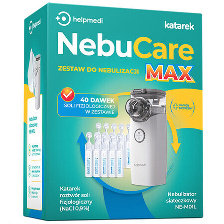 NebuCare Max, vernevelset voor baby&#39;s en kinderen, Helpmedi, mesh-vernevelaar + loopneus, NaCl fysiologische zoutoplossing 0,9%, 5 ml x 40 ampullen