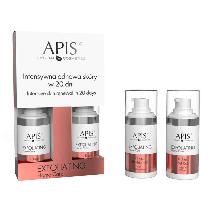 Apis Exfoliating Home Care, Renouvellement intensif de la peau en 20 jours, deux étapes, émulsion 10%, 15 ml + gel 15%, 15 ml