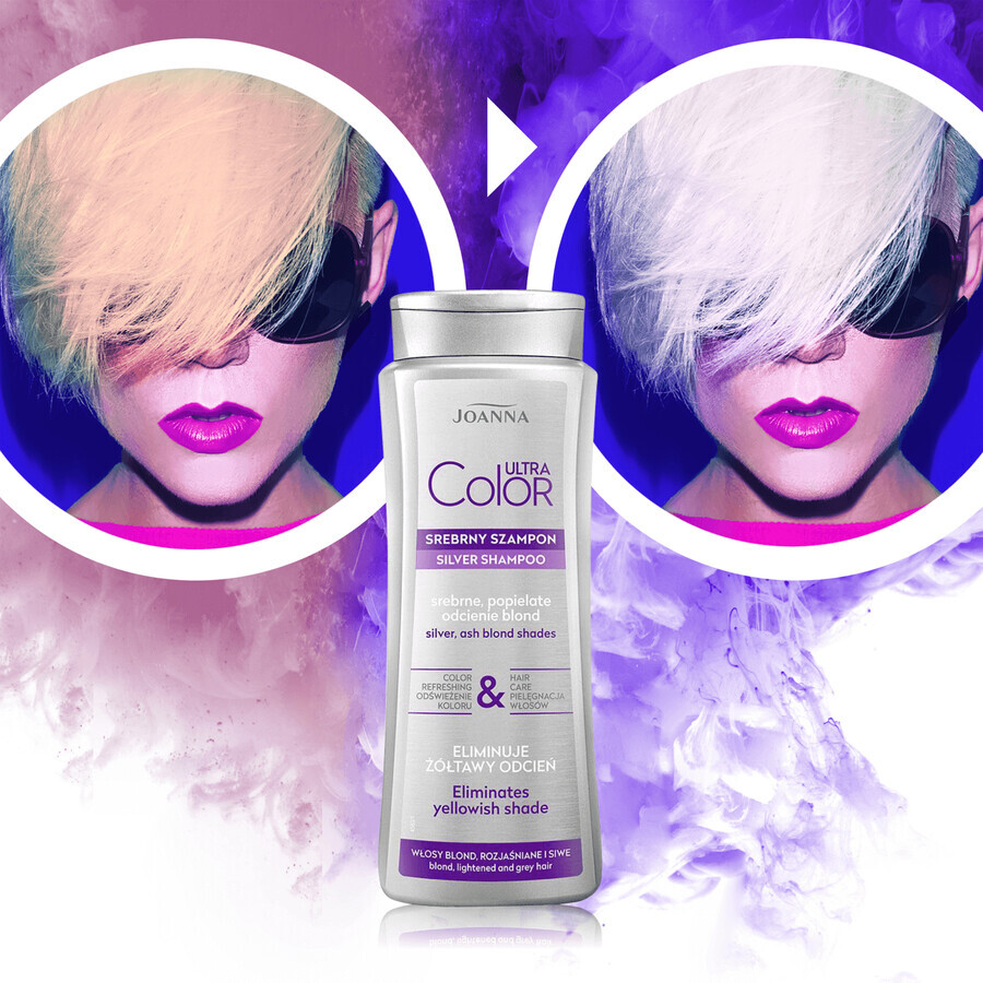 Joanna Ultra Color, zilvershampoo voor blond, gebleekt en grijs haar, zilver, asblonde tinten, 200 ml