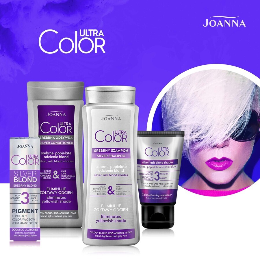 Joanna Ultra Color, shampooing argenté pour cheveux blonds, décolorés et gris, nuances argentées, blond cendré, 400 ml