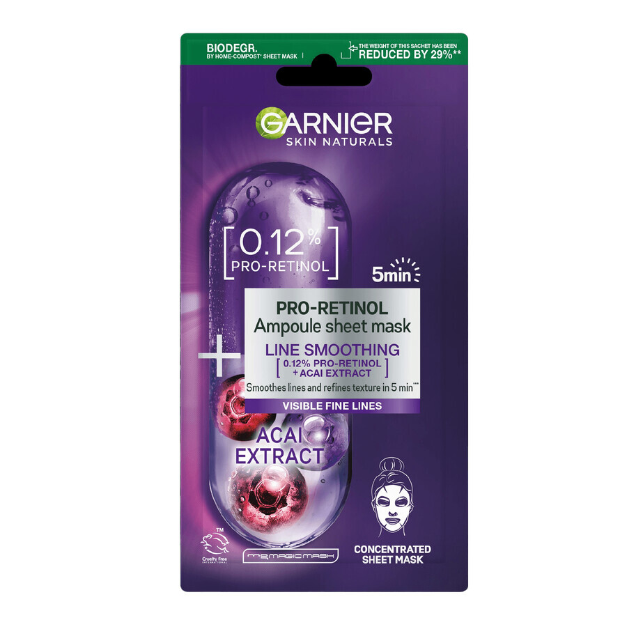 Garnier Skin Naturals Pro-Retinol, masque lissant sur tissu, avec 0,12% de pro-rétinol, 1 pièce