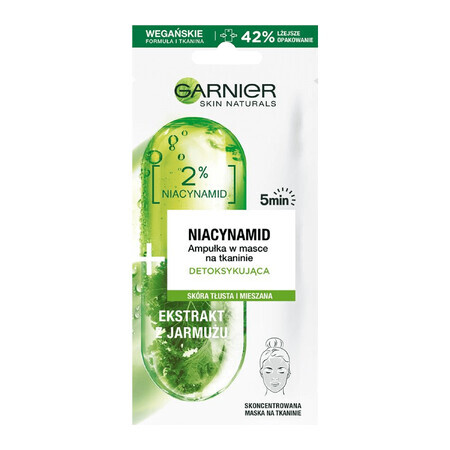 Garnier Skin Naturals, ontgiftende ampul in een stoffen masker, niacinamide en boerenkool, 15 g