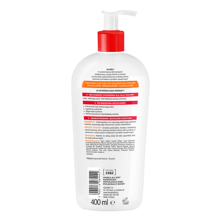 AA Help S.O.S, lozione da bagno lenitiva e protettiva 2in1, pelle estremamente secca, 400 ml