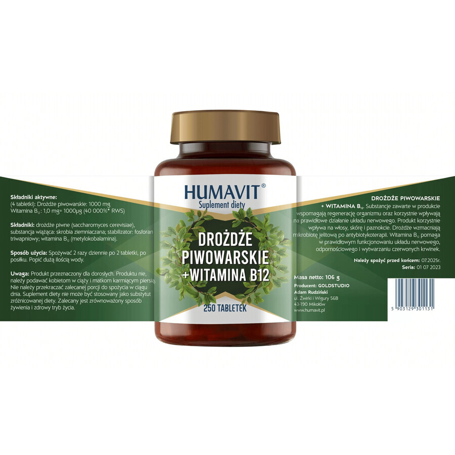 Humavit Brewer's Yeast + Vitamin B12, 250 tablets