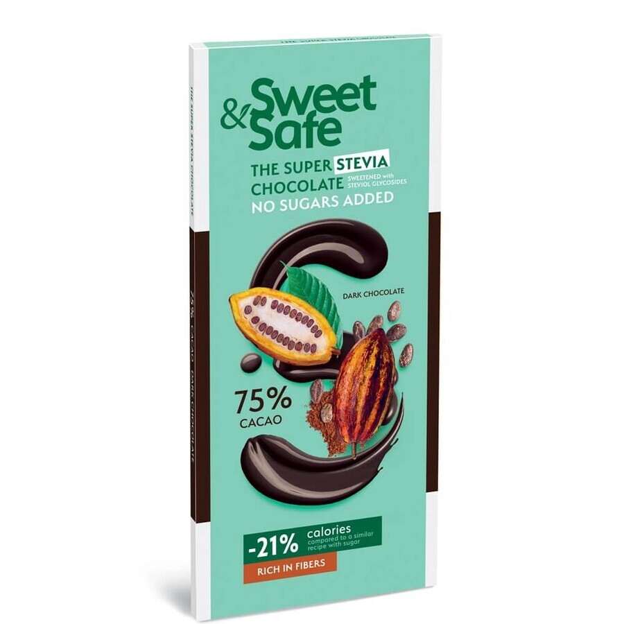 Bittere chocolade met natuurlijke stevia zoetstof Sweet&amp;Safe, 90 g, Sly Nutrition