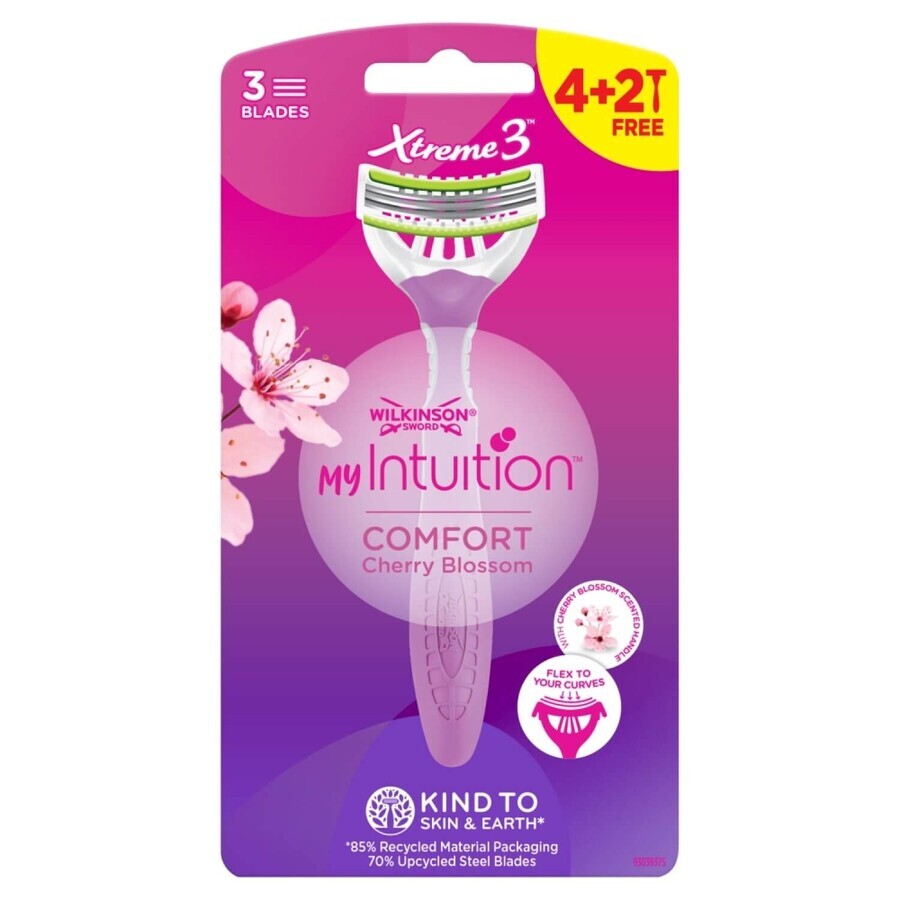 Wilkinson Sword Xtreme 3 My Intuition, rasoir femme, jetable, trois lames, Comfort Cherry Blossom, 4 pièces + 2 pièces gratuites