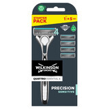 Wilkinson Sword Quattro Titanium Sensitive, rasoio, manico + 5 cartucce di ricambio