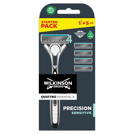 Wilkinson Sword Quattro Titanium Sensitive, aparat de ras, mâner + 5 cartușe de schimb