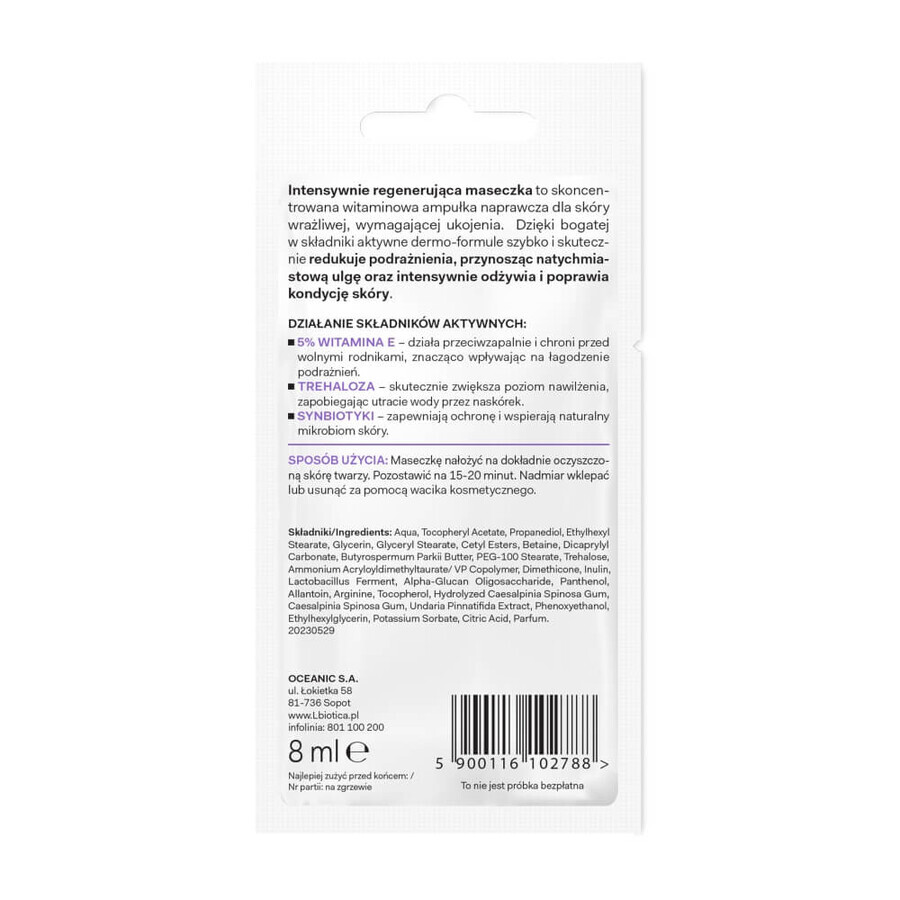 L&#39;Biotica Dermomask, intensief regenererend gezichtsmasker met vitamine E, 8 ml