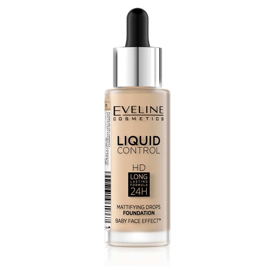 Eveline Cosmetics Liquid Control HD, fond de teint matifiant, n° 015, Vanille Légère, 32 ml