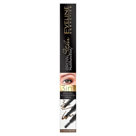 Eveline Cosmetics Brow Multifonction Styler, crayon à sourcils 3en1, 01 Medium Brown, 3 g