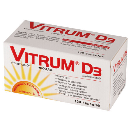 Integratore alimentare Vitamina D3 1000 UI in capsule - Confezione da 120 pezzi.