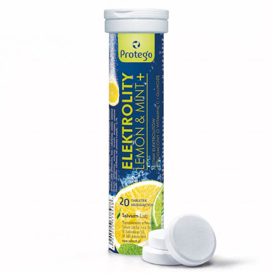 Protego Elektrolity Lemon & Mint+, aromă de lămâie și mentă, 20 comprimate efervescente