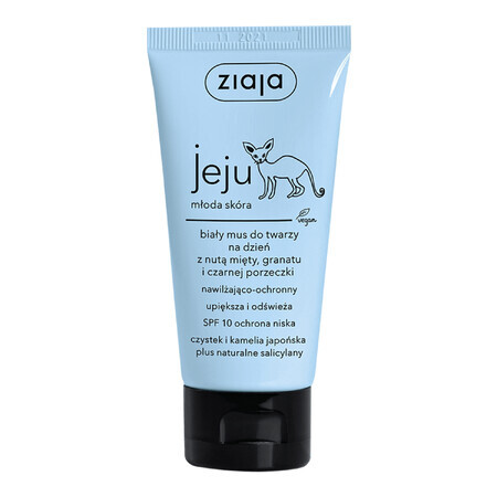 Ziaja Jeju, witte hydraterende en beschermende gezichtsmousse voor de dag, met een vleugje munt, granaatappel en zwarte bes, SPF 10, 50 ml