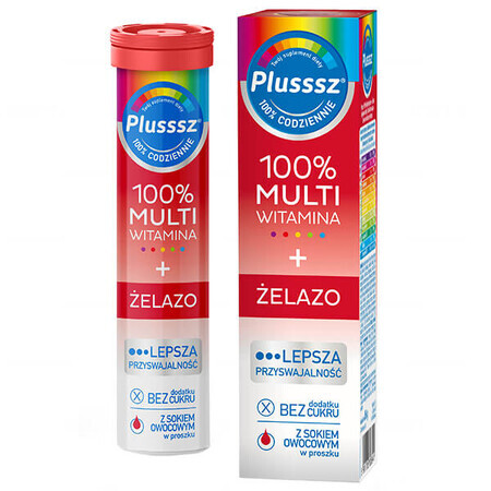 Plusssz 100% Multivitamine + Fier, aromă de cireșe și portocale, 20 comprimate efervescente