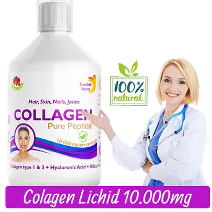 Collagène marin hydrolysé fluide de type 1 et 3 avec 10 000 mg + biotine + acide hyaluronique, 500 ml, Swedish Nutra