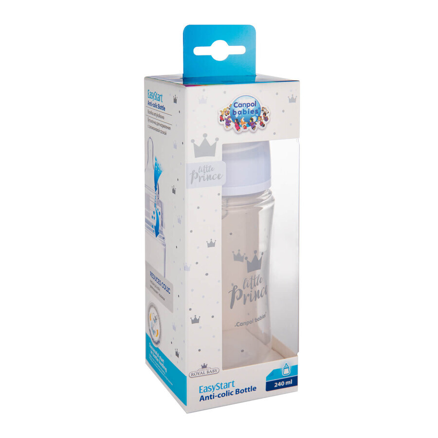 Canpol Babies EasyStart, biberon anti-colique, goulot large, Royal Baby, bleu, à partir de 3 mois, 240 ml