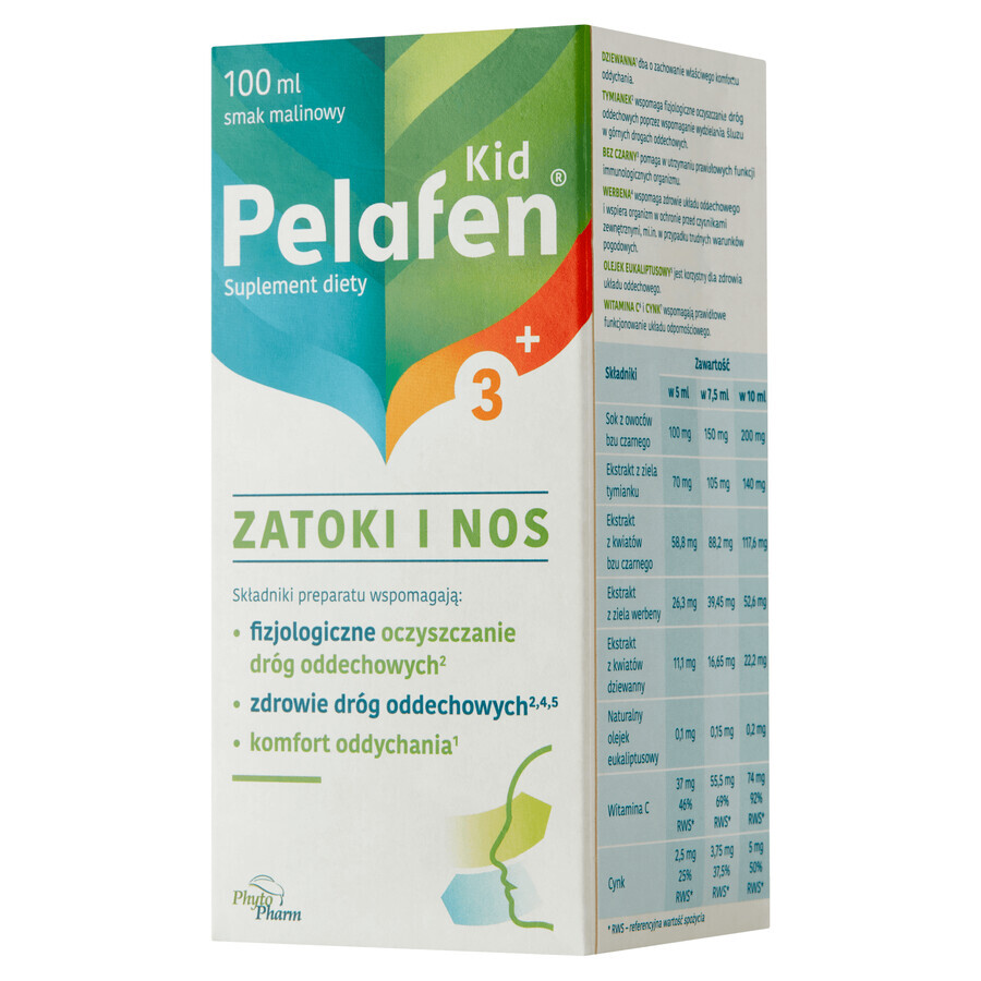 Pelafen Kid 3+ Sinussen en Neus, siroop voor kinderen vanaf 3 jaar en volwassenen, frambozensmaak, 100 ml