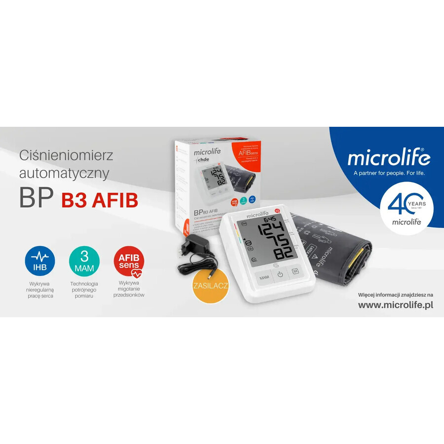 Microlife BP B3 AFIB Automatic Upper Arm Blood Pressure Monitor with Power Supply