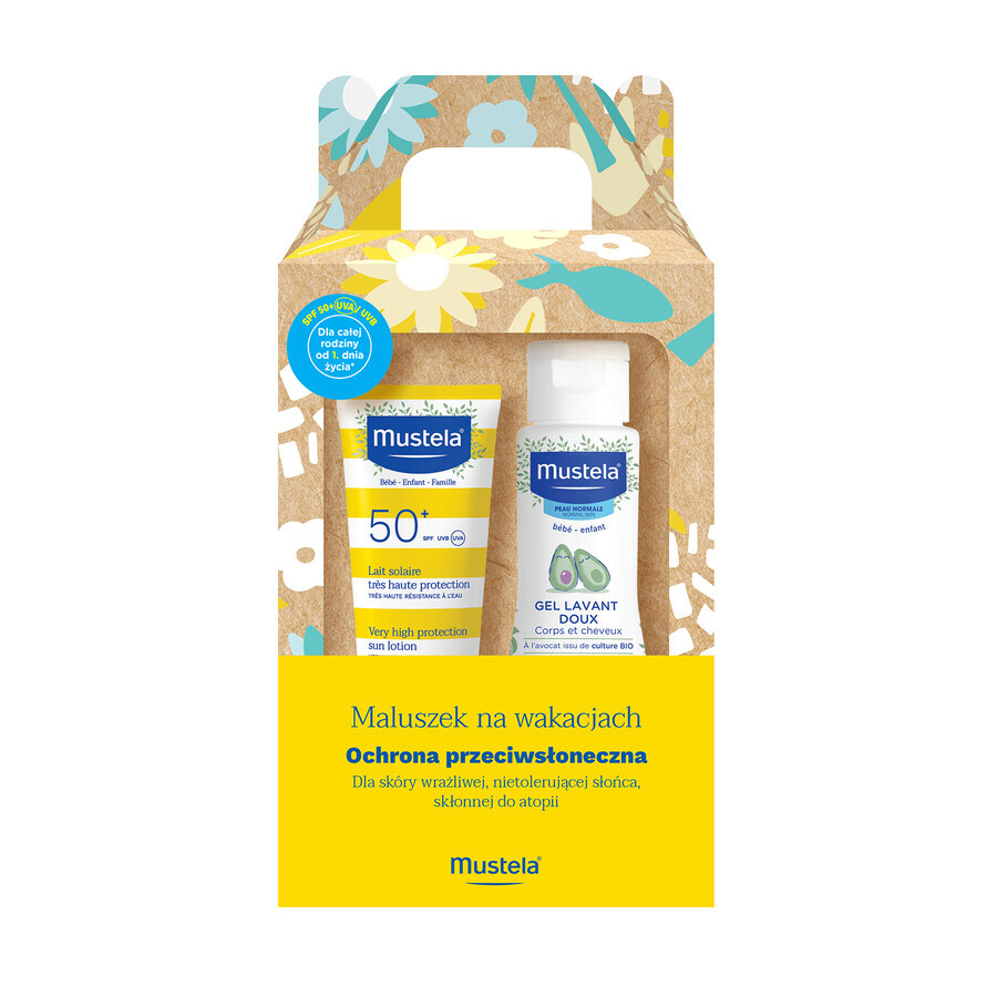 Set Mustela Sun Baby în vacanță, lapte de protecție solară, SPF 50+, 40 ml + gel de spălare, 100 ml