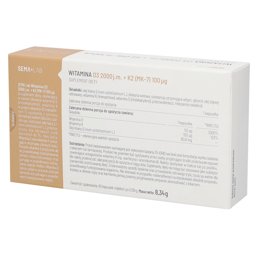 SEMA Lab Vitamine D3 2000 IE + K2 (MK-7) 100 µg, 60 capsules KORT GEBRUIK