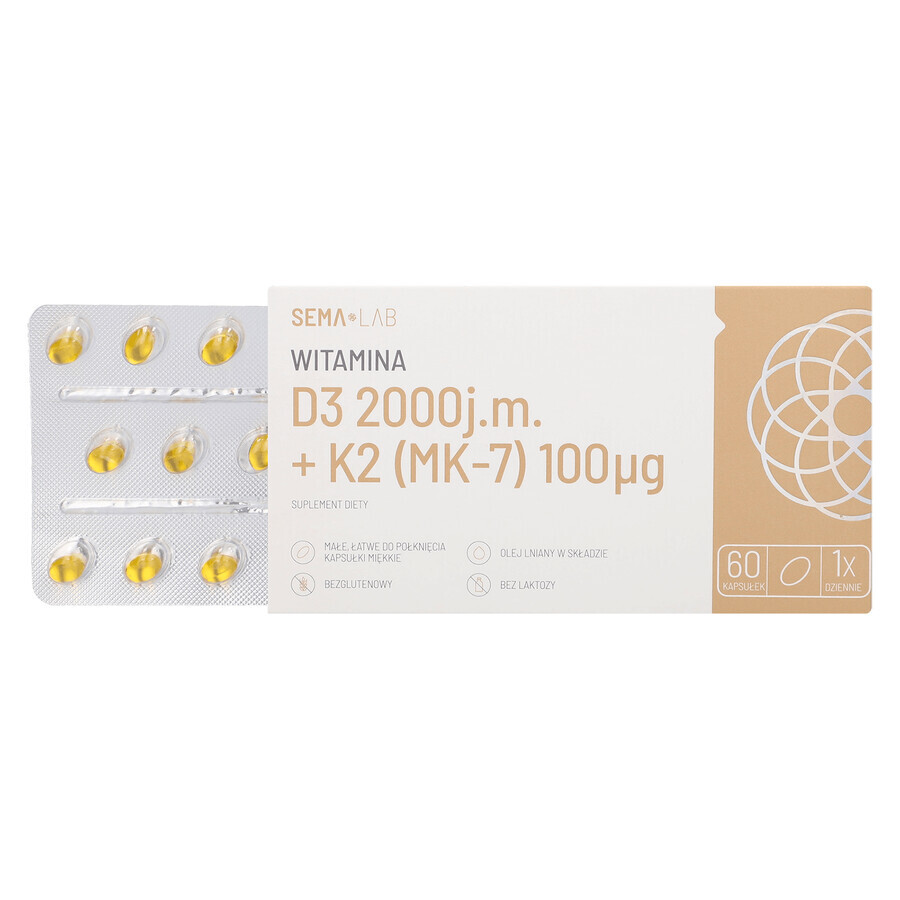 SEMA Lab Vitamine D3 2000 IE + K2 (MK-7) 100 µg, 60 capsules KORT GEBRUIK