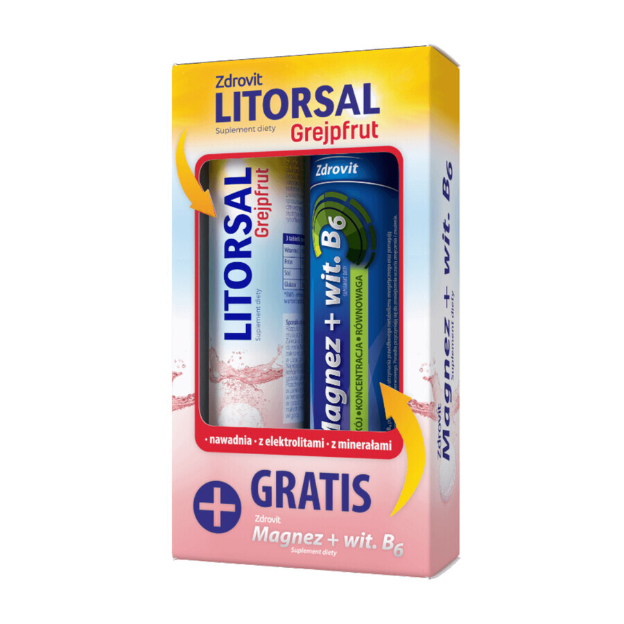 Zdrovit Litorsal Grapefruit, grapefruitsmaak, 24 bruistabletten + Zdrovit Magnesium + Vitamine B6, citroensmaak, 24 bruistabletten GRATIS VERPAKKING