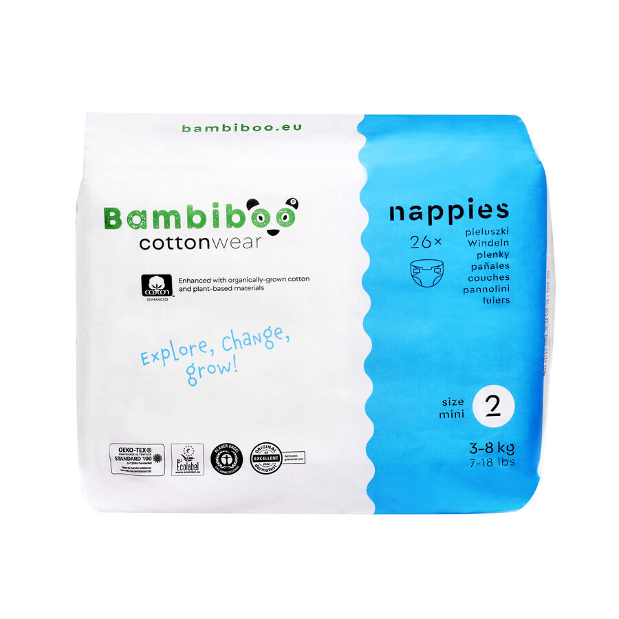 Bambiboo Cottonwear, biologisch katoenen wegwerpluiers, Mini, maat 2, 3-8 kg, 26 stuks