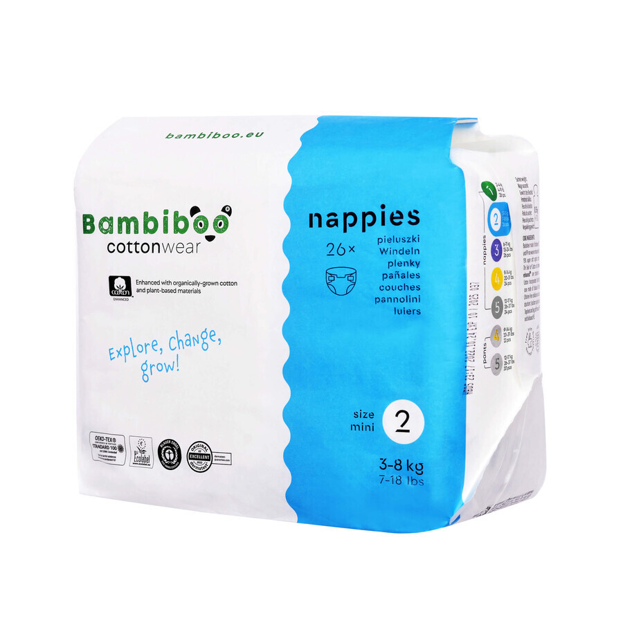 Bambiboo Cottonwear, biologisch katoenen wegwerpluiers, Mini, maat 2, 3-8 kg, 26 stuks