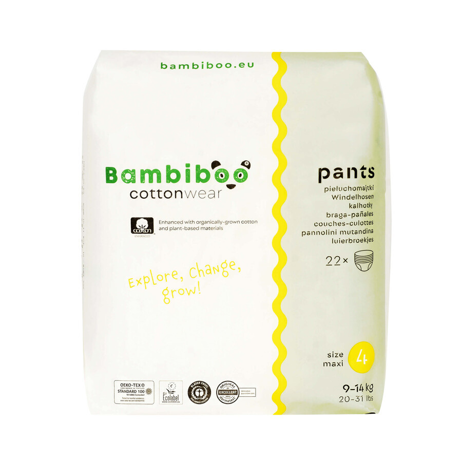 Bambiboo Cottonwear, biologisch katoenen wegwerpluiers, Maxi, maat 4, 9-14 kg, 22 stuks