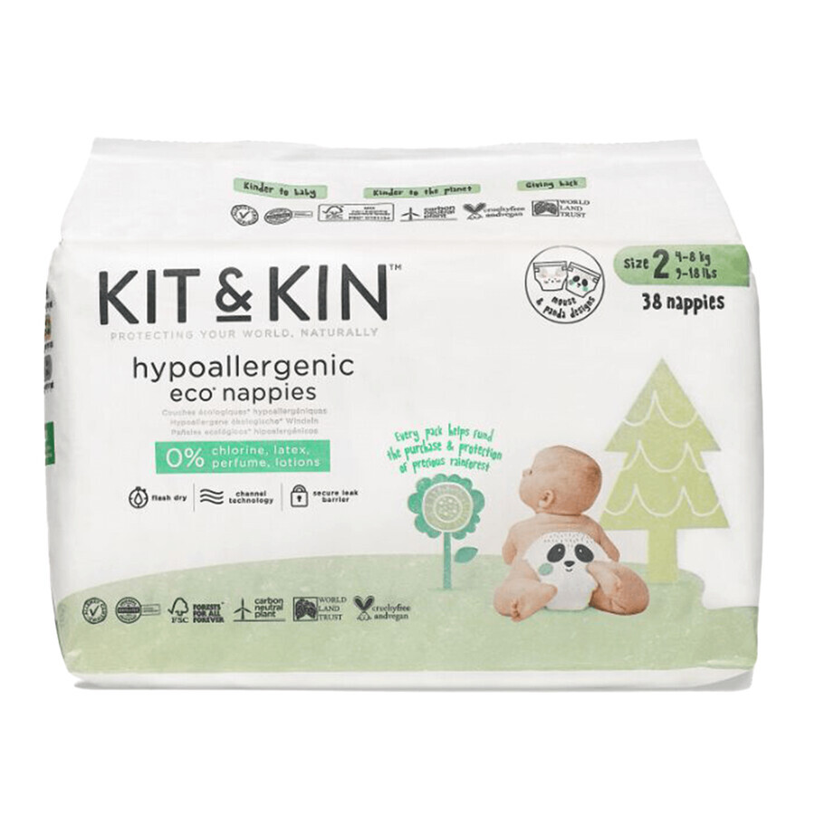 Kit&amp;Kin, scutece biodegradabile de unică folosință, mărimea 2 Midi, 4-8 kg, 38 buc