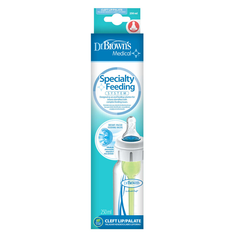 Dr Brown's, biberon standard avec système d'alimentation pour bébés avec fente labiale ou palatine, 250 ml, dès la naissance, 1 pièce