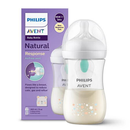 Avent Natural Response Reactive Teat Bottle with AirFree Valve, Teddy Bear, Flow 3, SCY673/82, After 1 Month, 260ml