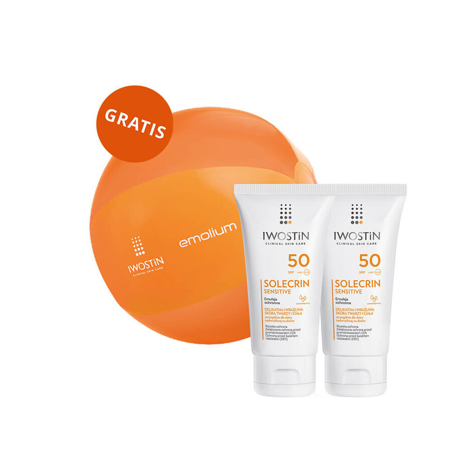 Iwostin Solecrin Sensitive set, émulsion protectrice SPF 50, peau sensible, 2 x 100 ml + ballon de plage gratuit