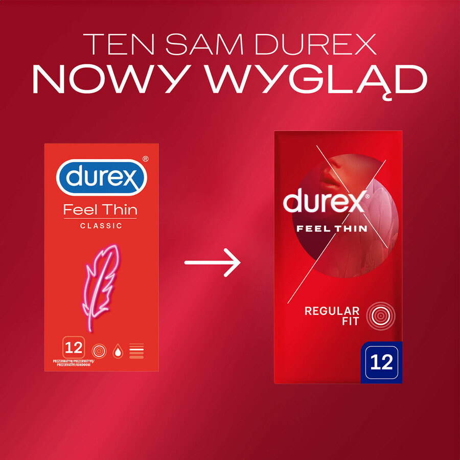 Durex Feel Thin Classic, préservatifs avec plus de lubrifiant, fins, 12 pièces