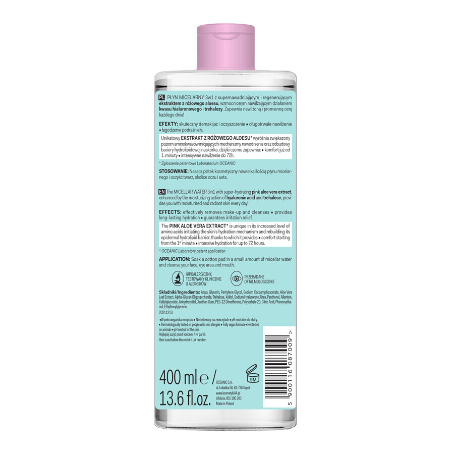 AA Aloe Pink, lozione micellare 3in1, per tutti i tipi di pelle, 400 ml