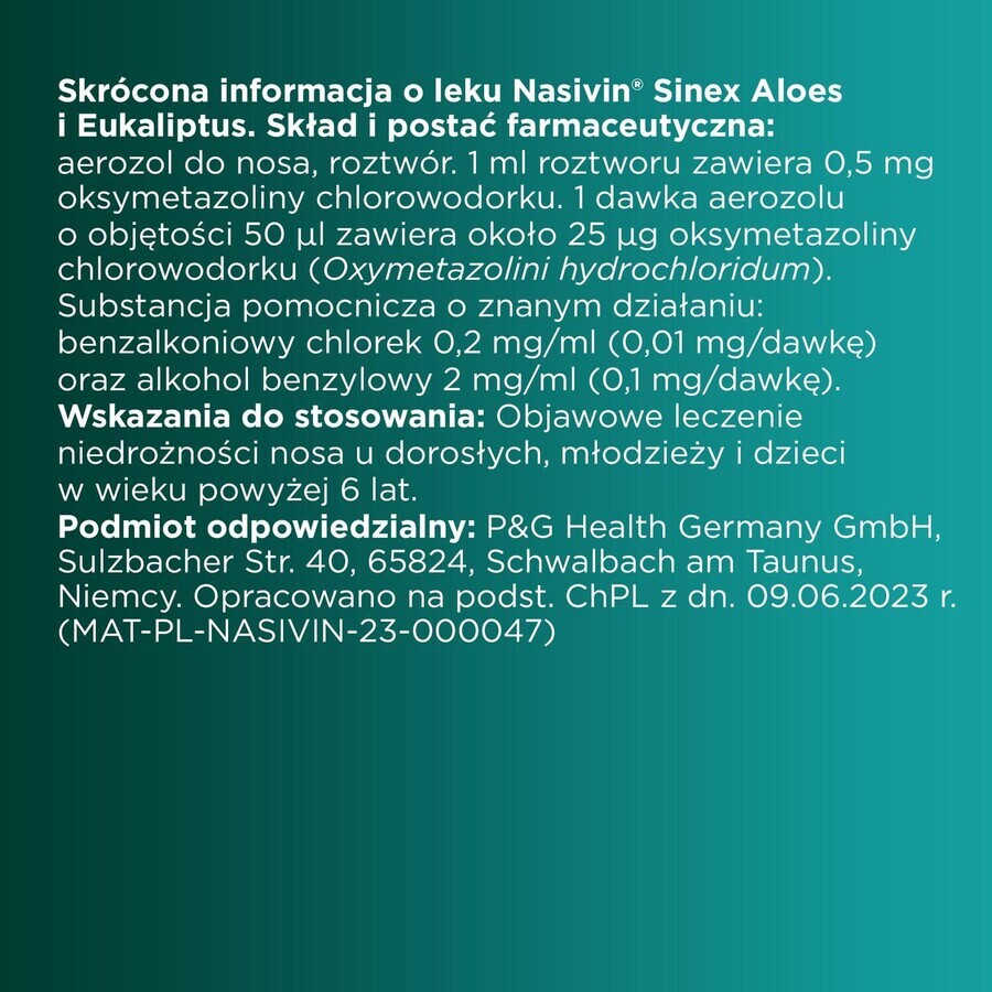 Nasivin Sinex Aloe y Eucalipto 0,5 mg/ml, spray nasal para adultos y niños a partir de 6 años, 15 ml