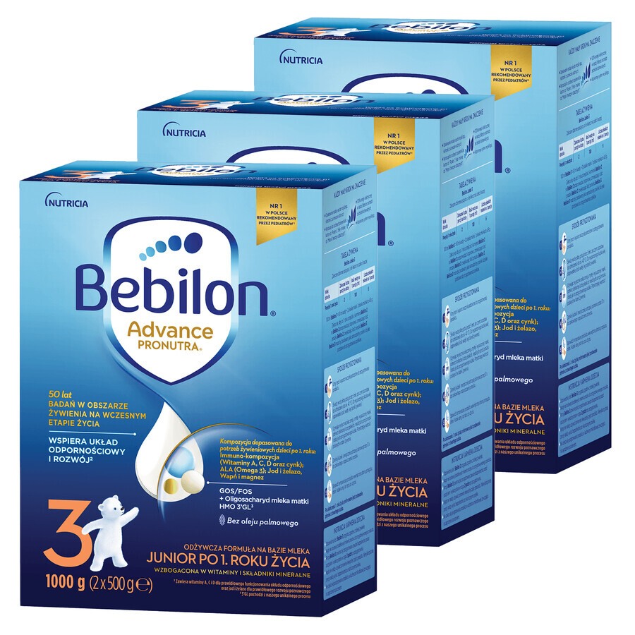 Set Bebilon Advance Pronutra 3 Junior, formula nutriente a base di latte, dopo 1 anno, 3 x 1000 g