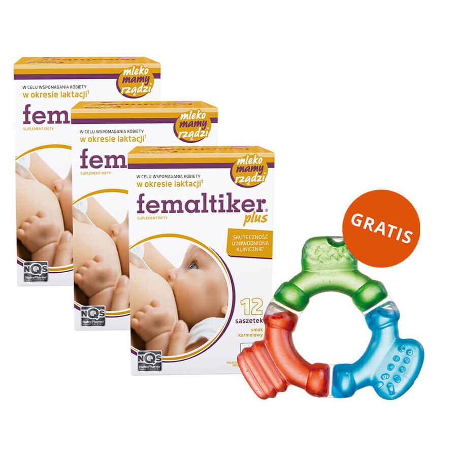 Femaltiker Plus set, karamelsmaak, 3x12 sachets + gratis Ster driekleurig waterhapje