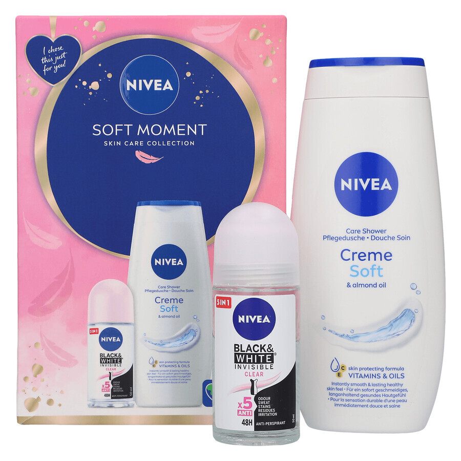 Set Nivea Soft Moment, gel de duș, Creme Soft, 250 ml + Black &amp; White Invisible, stick antiperspirant, 48h, Transparent, 50 ml