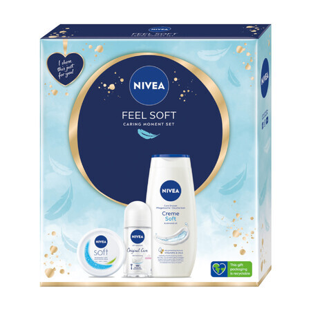 Set Nivea Feel Soft, Cremă hidratantă intensivă pentru față, corp și mâini, 100 ml + Original Care, antiperspirant roll-on, 48h, 50 ml + Creme Soft, gel de duș, 250 ml 