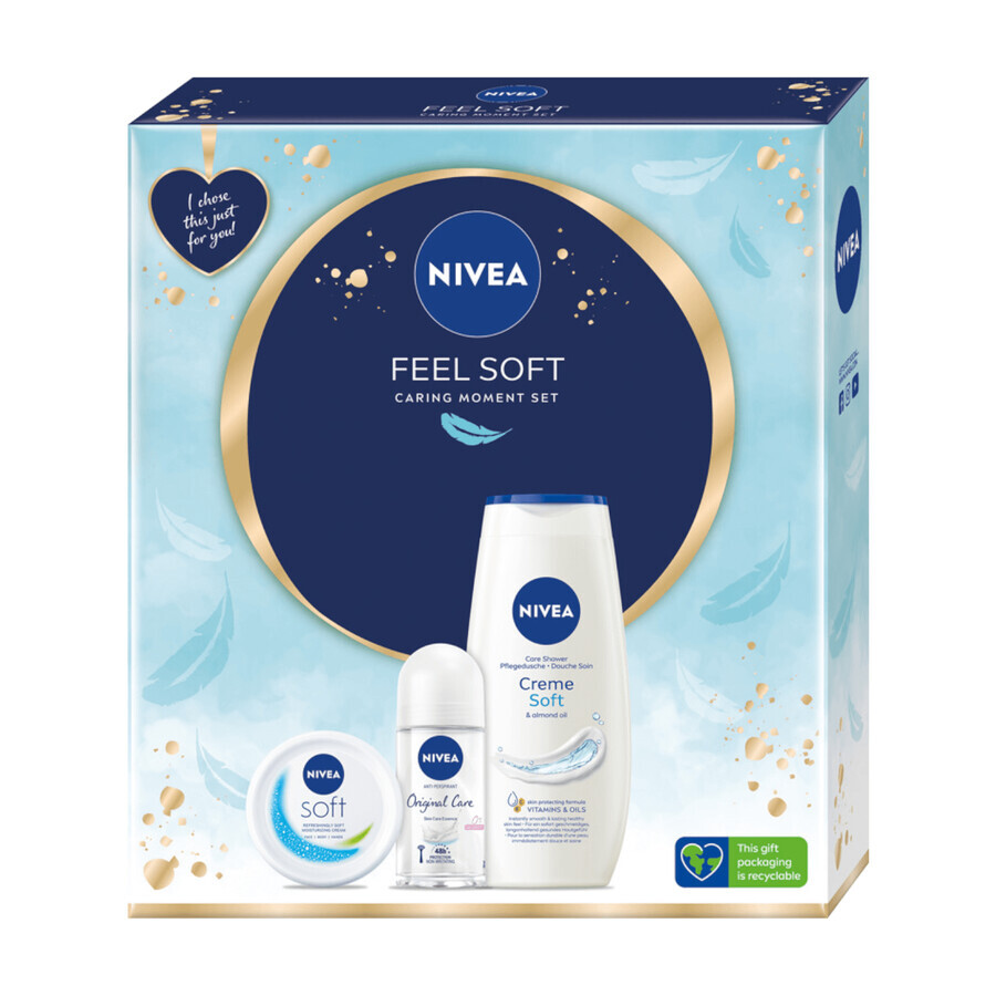 Set Nivea Feel Soft, Cremă hidratantă intensivă pentru față, corp și mâini, 100 ml + Original Care, antiperspirant roll-on, 48h, 50 ml + Creme Soft, gel de duș, 250 ml 