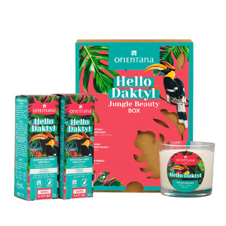 Orientana Hello Date Jungle Beauty BOX set, crema nutriente comfort, 40 ml, crema idratante unica, 40 ml + candela di soia