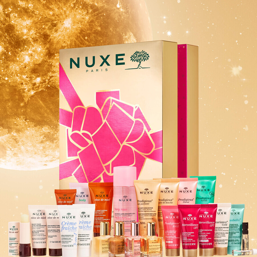 Nuxe set, adventskalender met cosmetica, roze