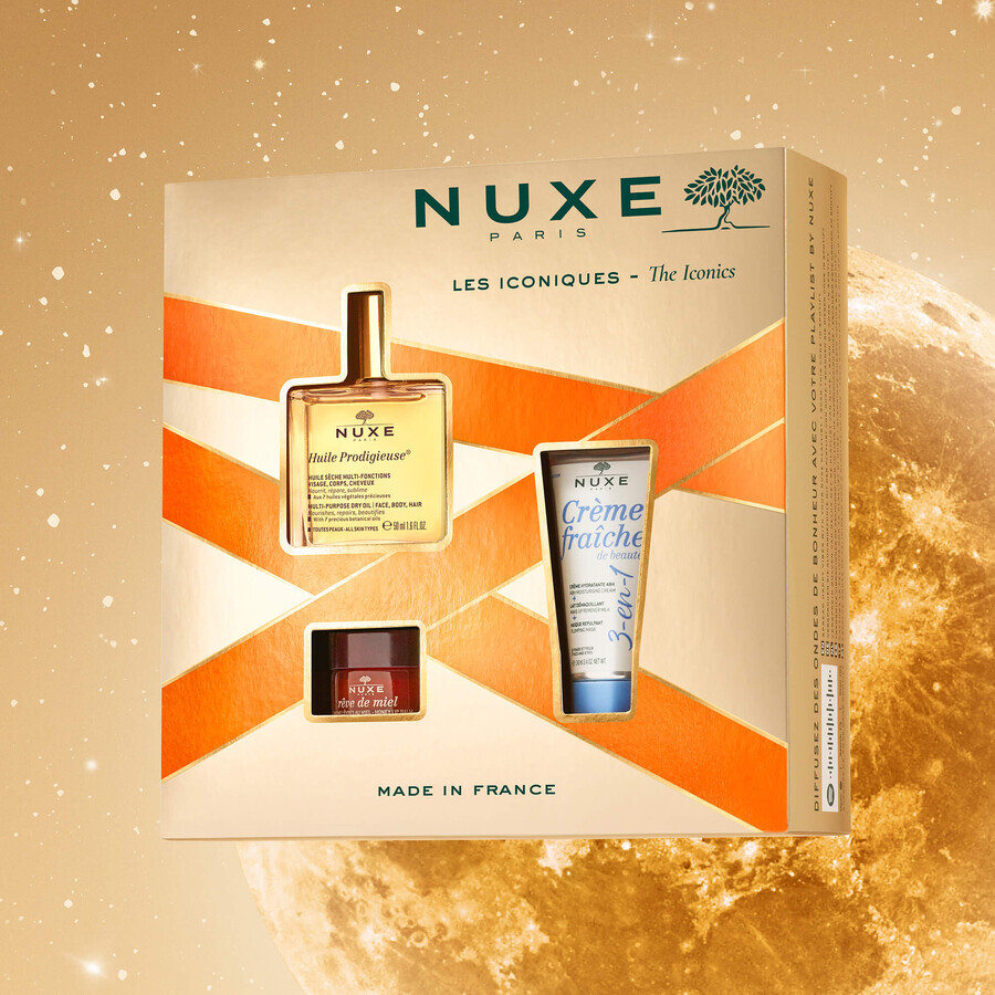 Set Nuxe Huile Prodigieuse, olio secco, 50 ml + Rêve de Miel, balsamo per labbra, 15 g + Creme Fraiche de beaute, crema idratante, 30 ml