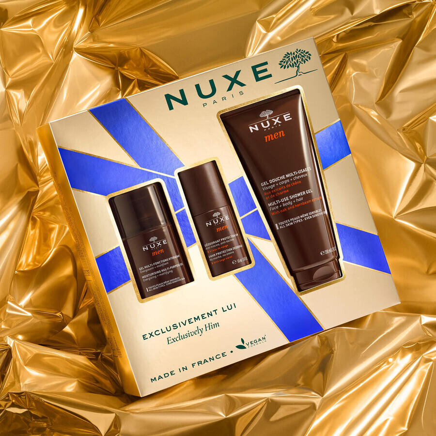 Set Nuxe Men, gel idratante multifunzionale per il viso, 50 ml + deodorante roll-on, 50 ml + gel doccia, 200 ml