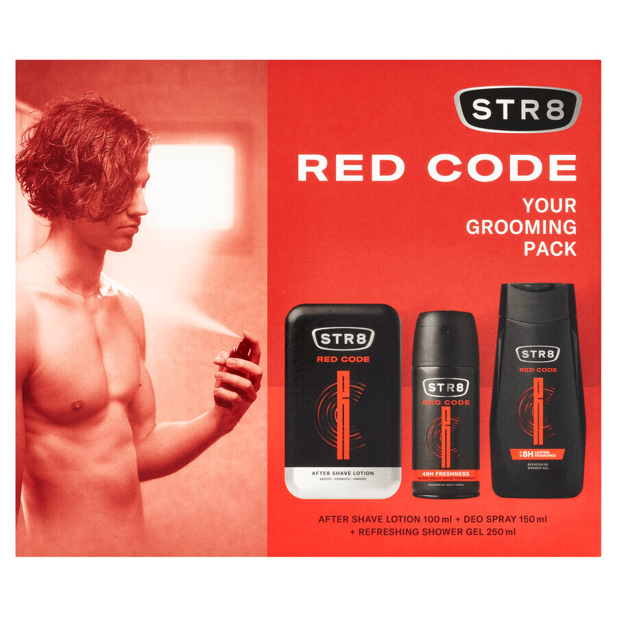 STR8 Red Code set, aftershave, 100 ml + deodorant spray, 150 ml + douchegel, 250 ml