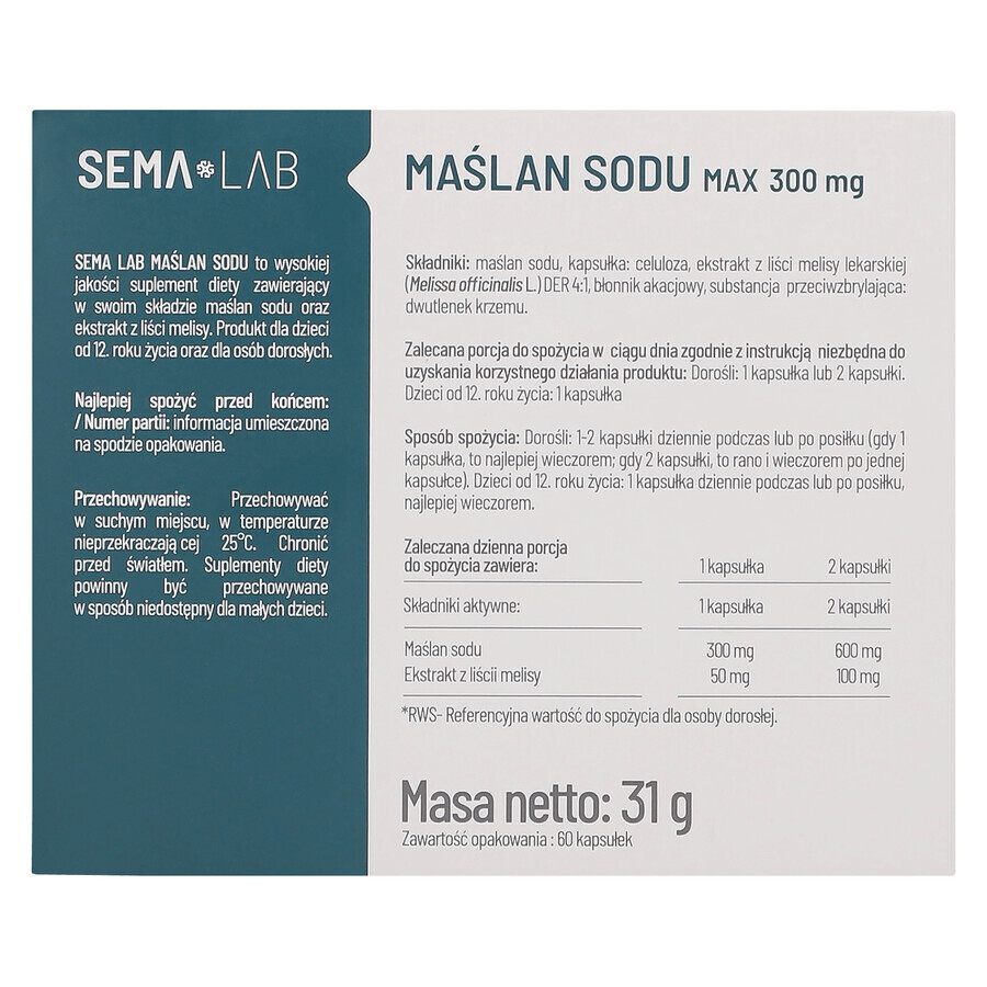 SEMA Lab Sodium Butyrate Max 300mg, 60 Delayed Release Capsules