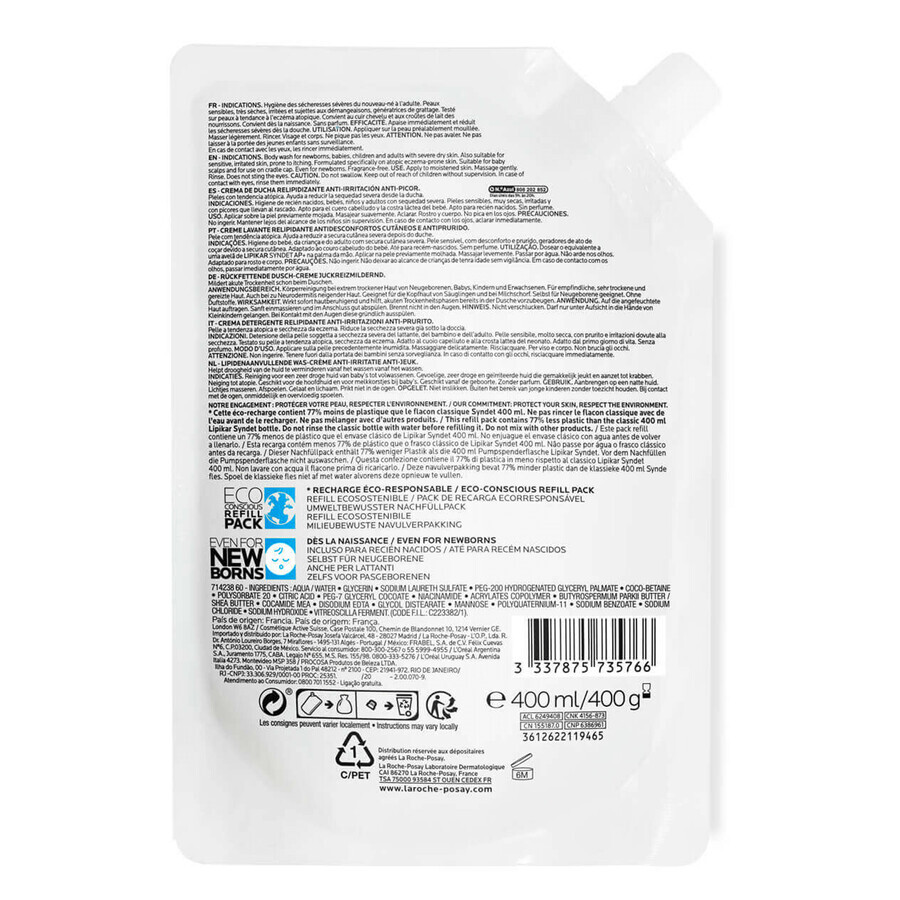 La Roche-Posay Lipikar Syndet AP+, lipidenvullende lichaamscrème, vanaf de geboorte, bouillon, 400 ml